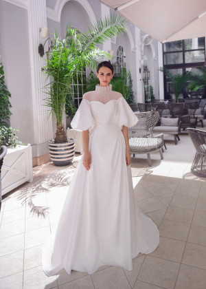 Elbow Sleeves Ivory Tulle Satin Slit Back Vintage Wedding Dress